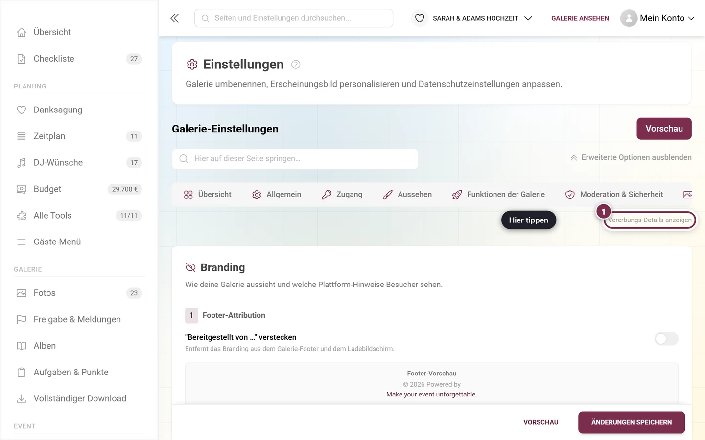 White-Label-Reiter mit hervorgehobenem Schalter für Vererbungs-Details