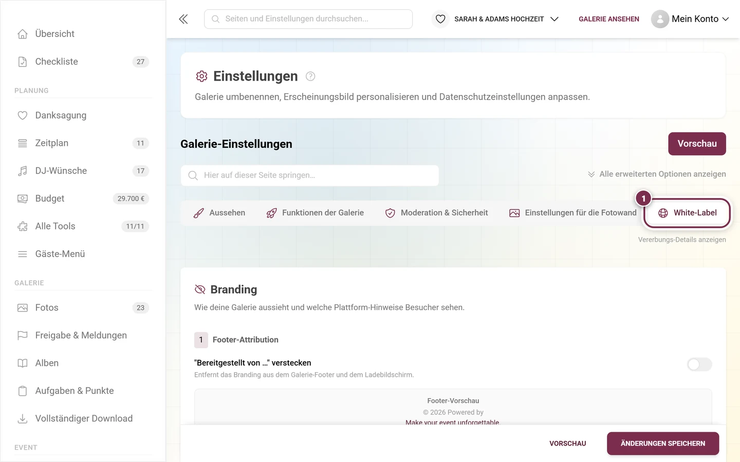 Reiterleiste der Einstellungen mit hervorgehobenem Reiter White-Label