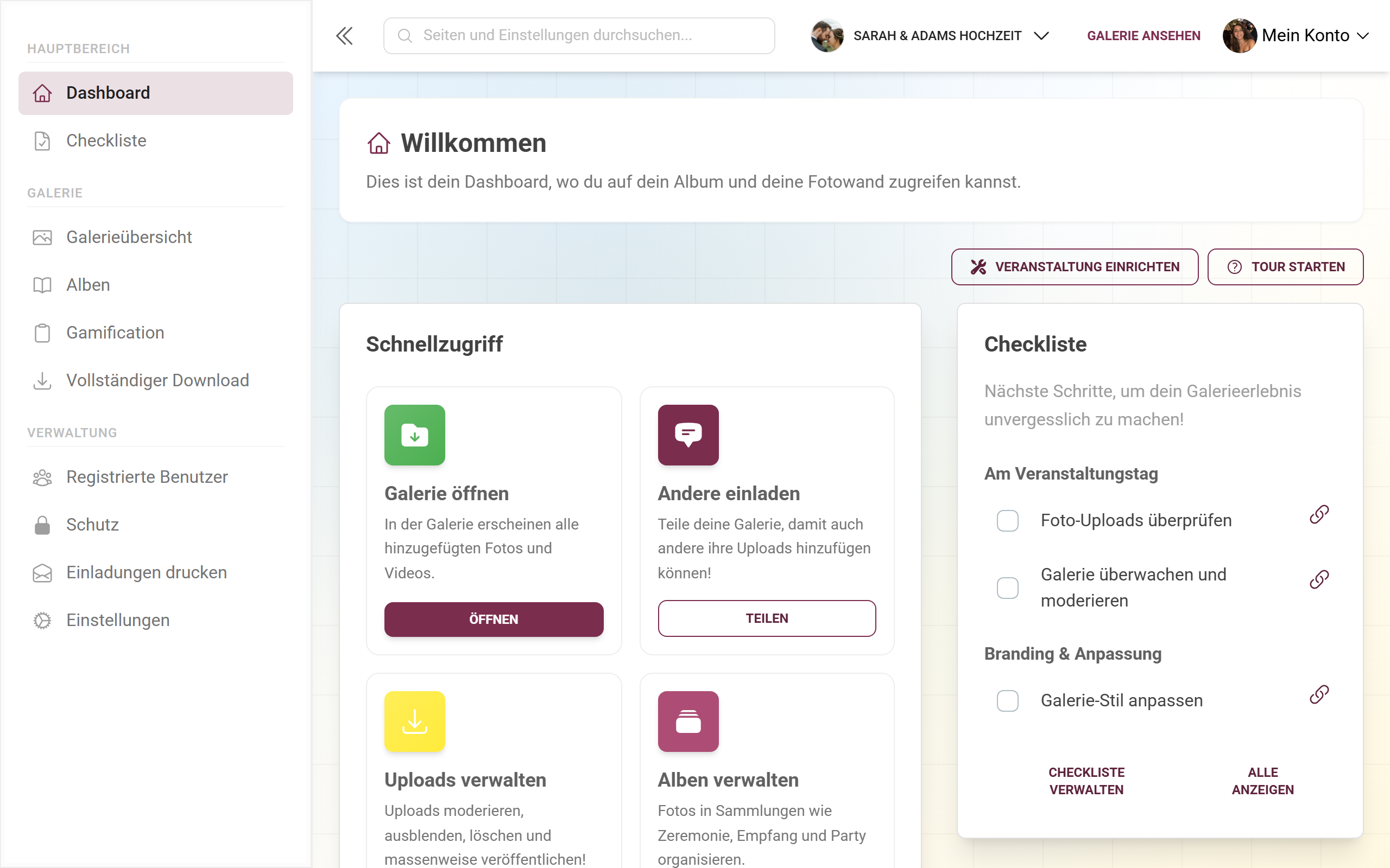 Admin-Übersicht mit Statistiken, Schnellaktionen und Checkliste