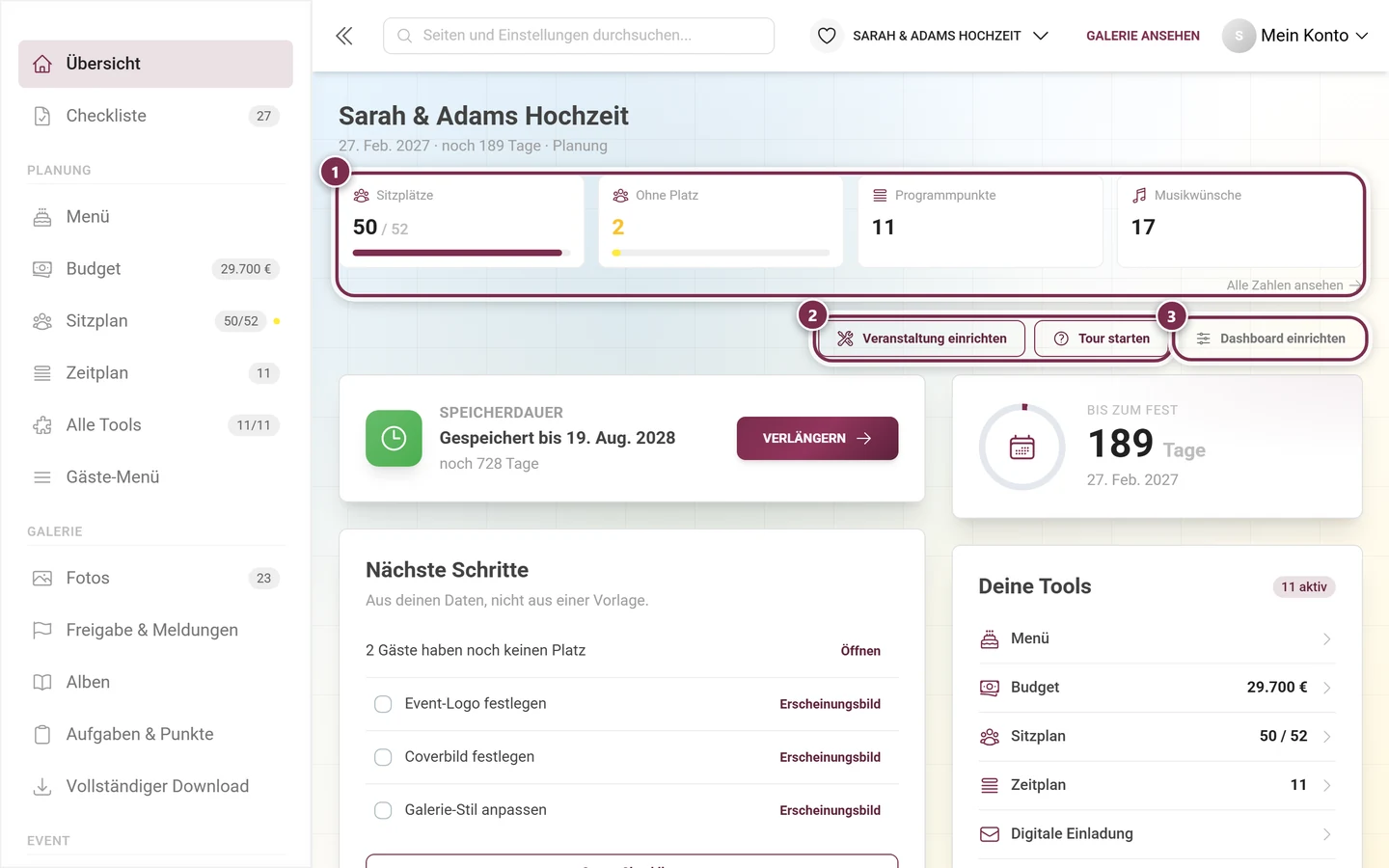 Admin-Dashboard mit den Knöpfen Veranstaltung einrichten, Tour starten und Dashboard einrichten sowie der Karte Nächste Schritte