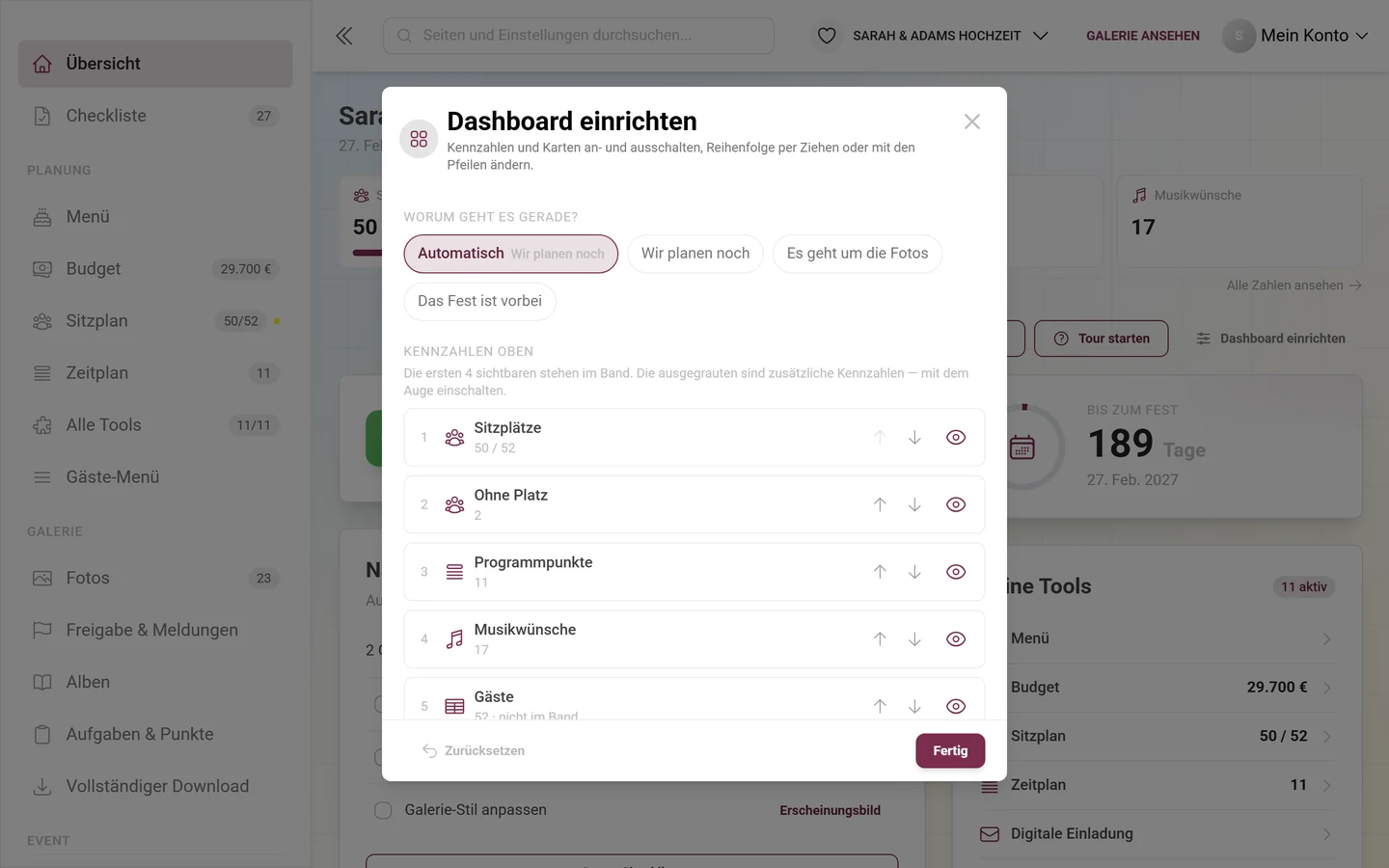 Der Dialog Dashboard einrichten mit Phasen-Pillen, Kennzahlen und Kartenliste