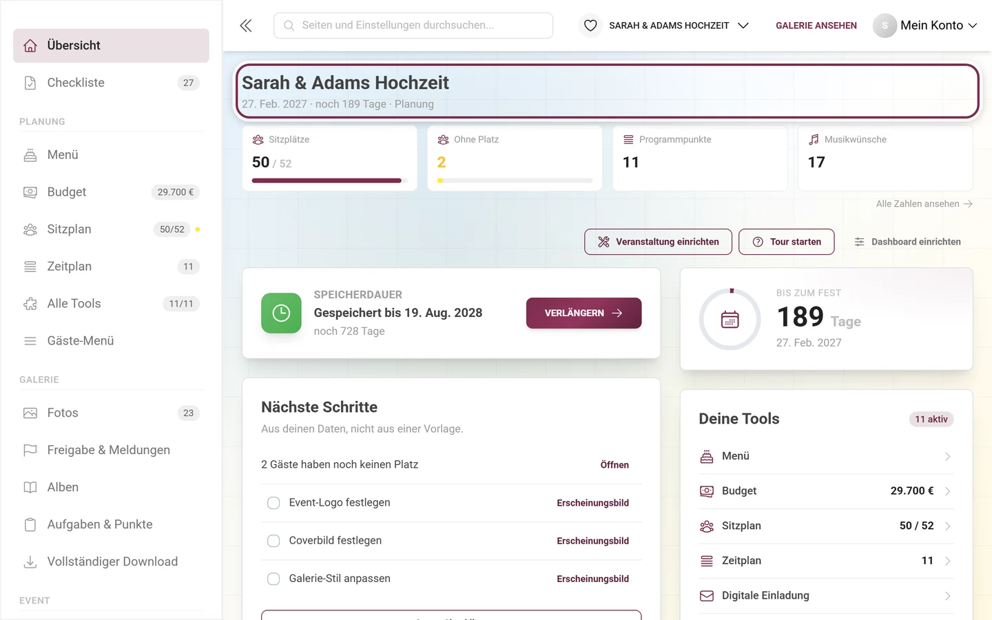 Kopfbereich des Dashboards mit Eventname und der Zeile aus Datum, Restlaufzeit und Phase