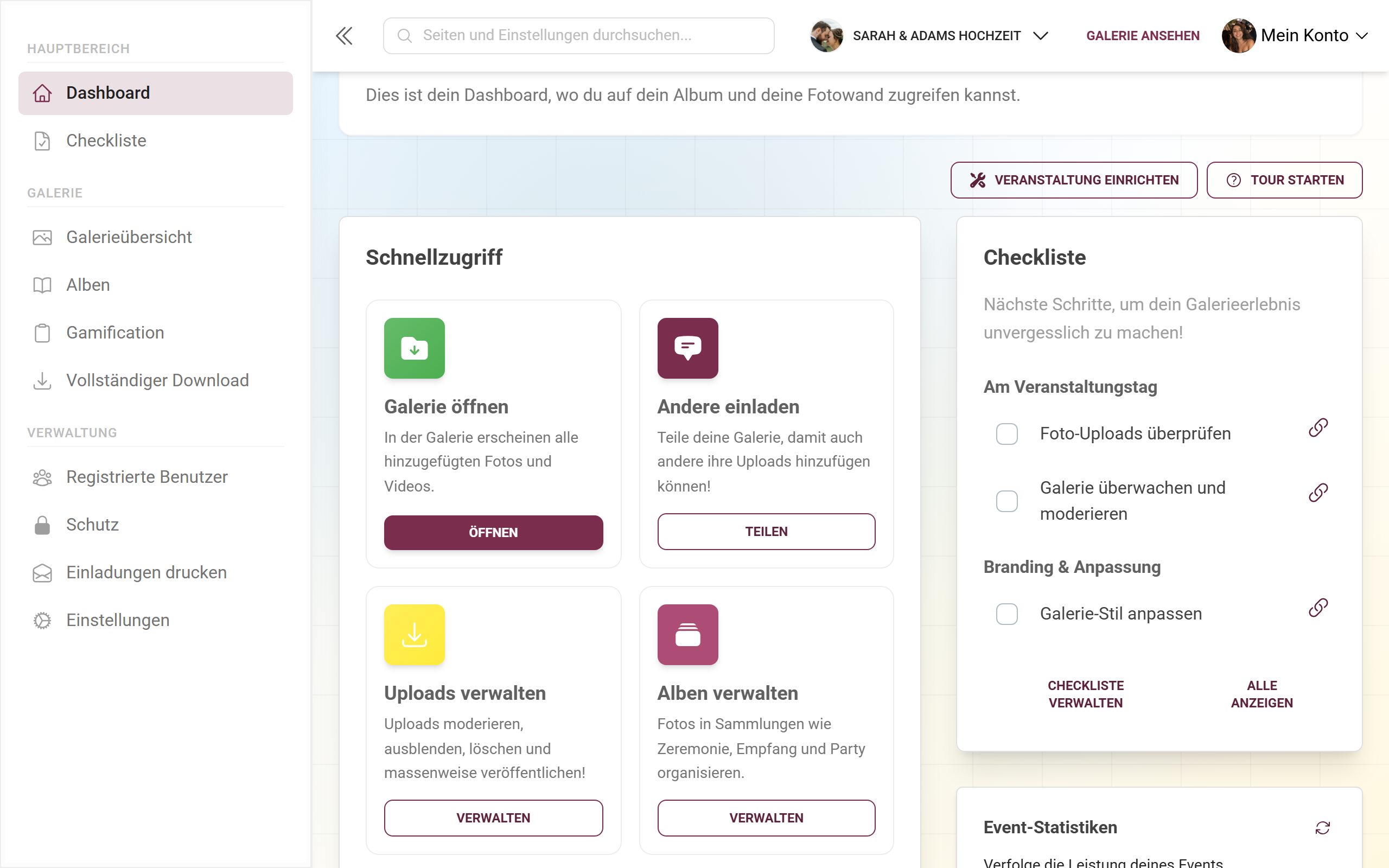 Die Karte „Quick Features“ mit den Schnellzugriff-Kacheln