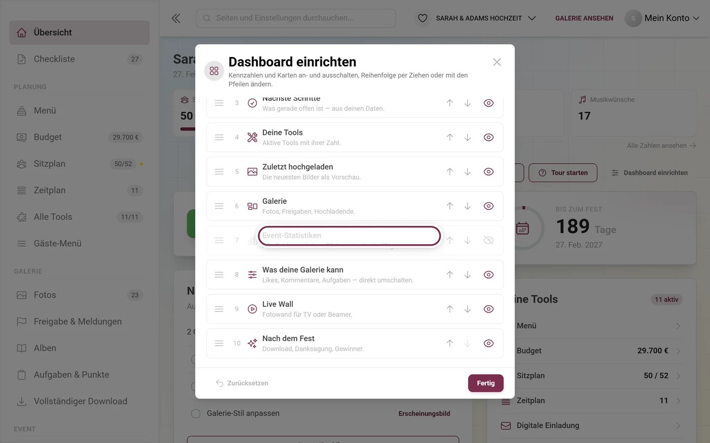 Dialog Dashboard einrichten mit der markierten Karte Event-Statistiken