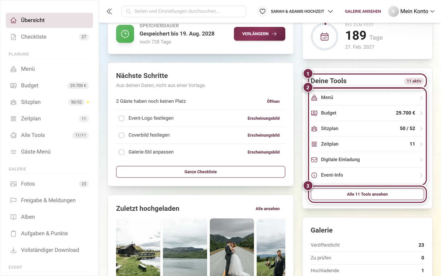 Dashboard-Karte Deine Tools mit aktiven Tools und ihren Zahlen