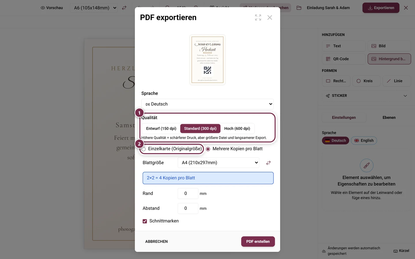 Export-Dialog des Design Studios mit markierter Qualitätsauswahl und markierter Layout-Wahl