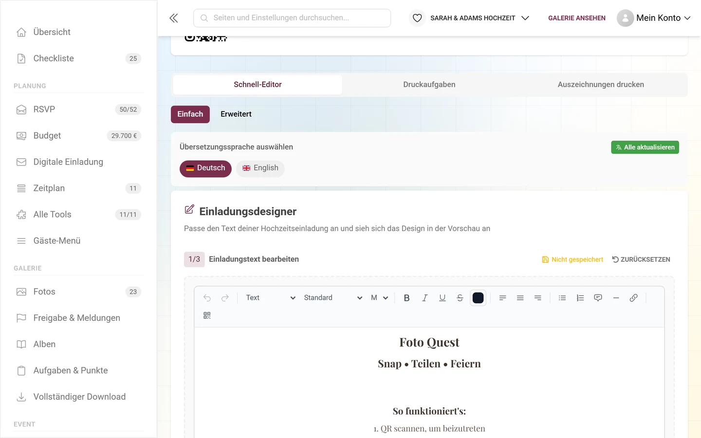 Schneller Vorlagen-Editor mit Toolbar zum Text hinzufügen und Gestalten der Einladung