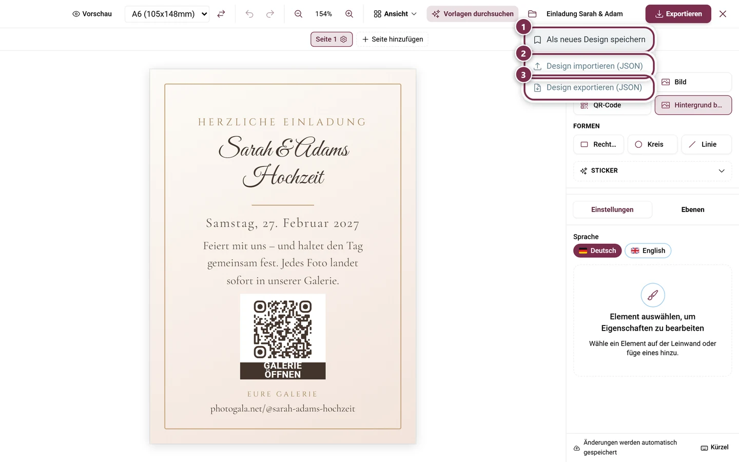Geöffnetes Datei-Menü mit Als neues Design speichern, Design importieren und Design exportieren