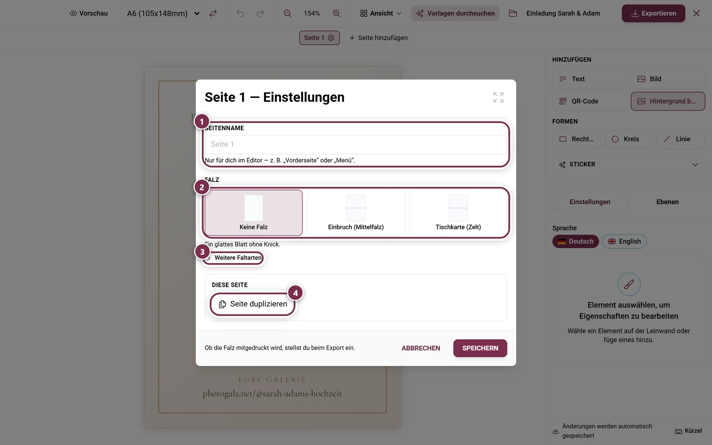 Dialog Seite 1 - Einstellungen mit Seitenname und den drei Faltarten