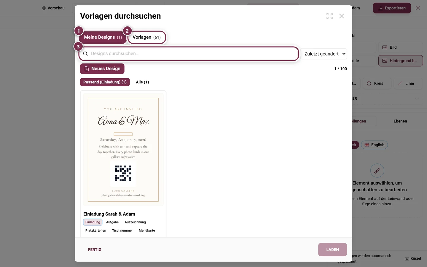Design-Browser mit den Bereichen Meine Designs und Vorlagen