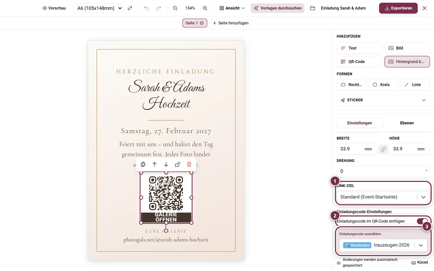 Ausgewaehltes QR-Element mit dem Auswahlfeld Link-Ziel im Eigenschaften-Panel