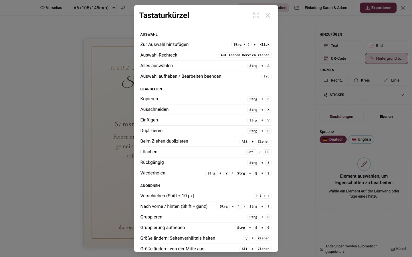 Dialog Tastaturkürzel mit den Abschnitten Auswahl, Bearbeiten, Anordnen, Ansicht und Transformieren
