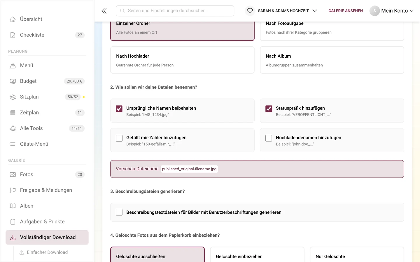 Schritt 2 des erweiterten Downloads mit den vier Namens-Häkchen und der Vorschau