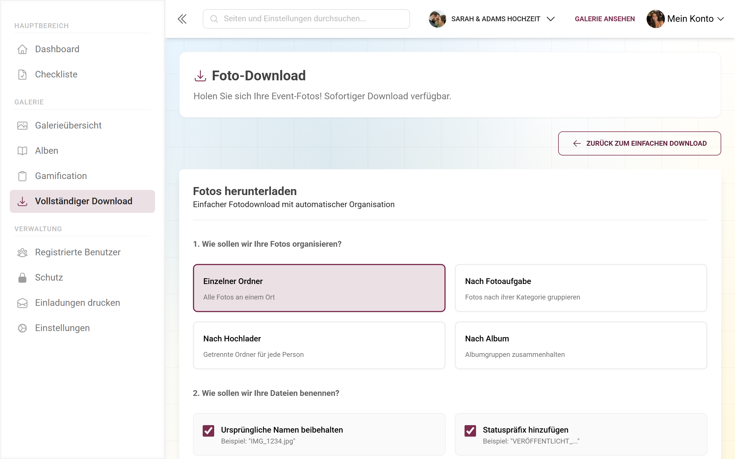 Erweiterter Download mit Ordnerstruktur, Filtern und Auswahl für den ZIP-Export