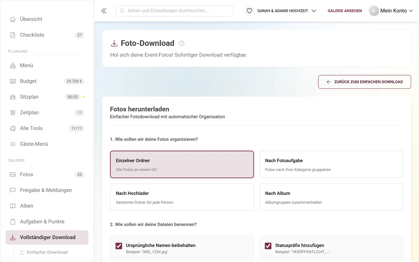 Erweiterter Download mit Ordnerstruktur, Filtern und Auswahl für den ZIP-Export