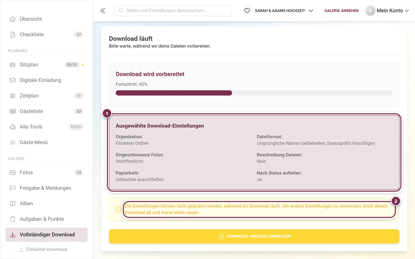 Zusammenfassung der gewählten Download-Einstellungen und der gelbe Sperrhinweis, beide markiert