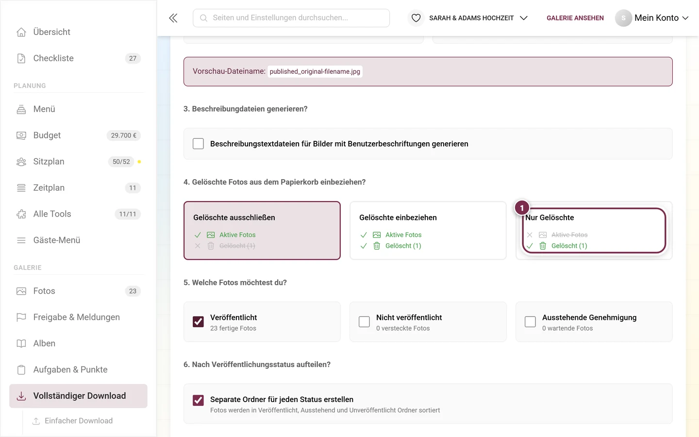 Auswahlkarte Nur Gelöschte im vierten Schritt des erweiterten Downloads, markiert