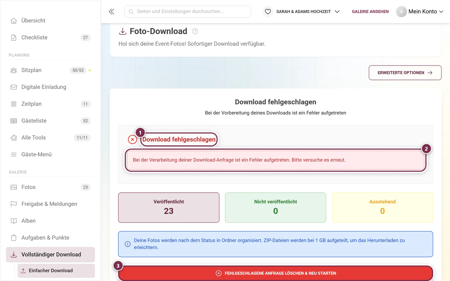 Fehler-Screen mit Überschrift Download fehlgeschlagen, Fehlermeldung und dem roten Knopf zum Neustart, alle markiert