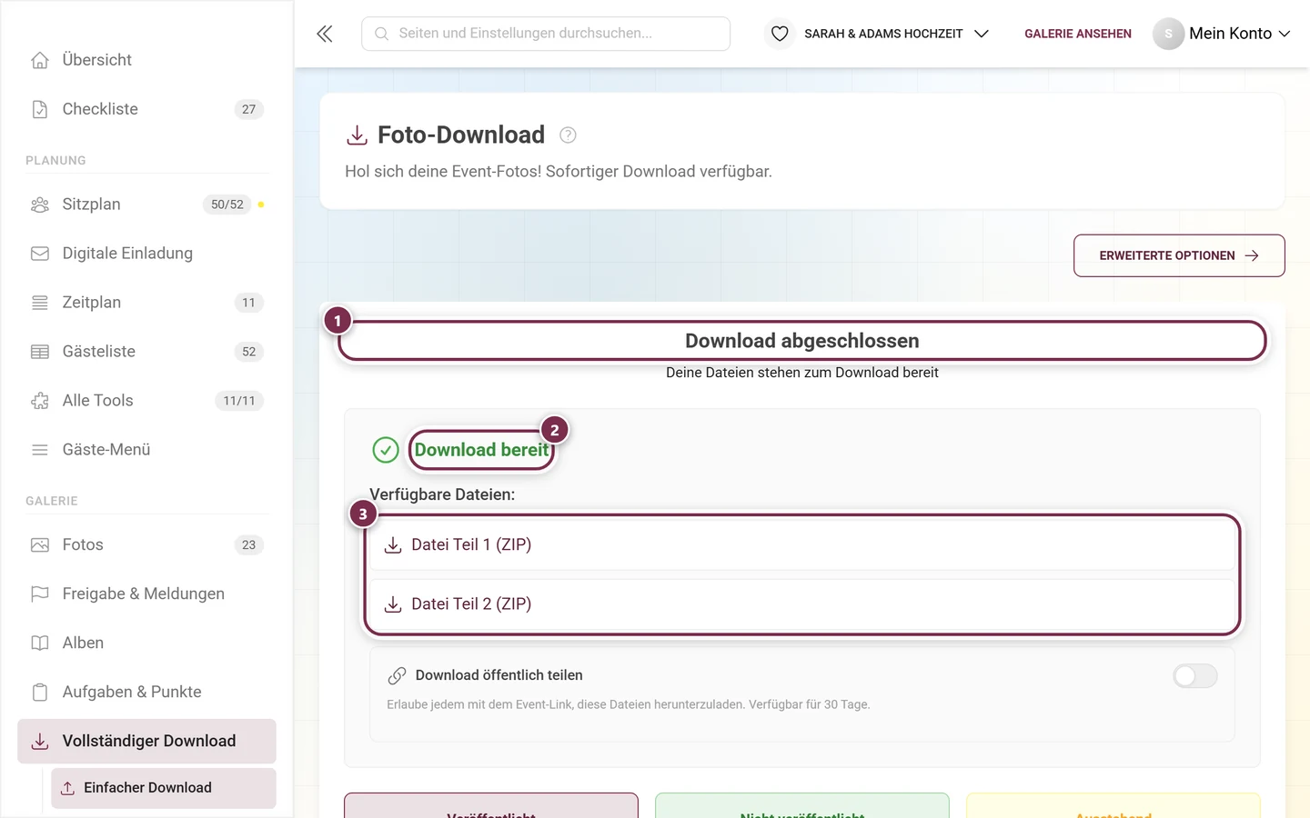 Ergebnis-Screen mit der Überschrift Download abgeschlossen, dem grünen Vermerk Download bereit und zwei ZIP-Teilen, alle markiert