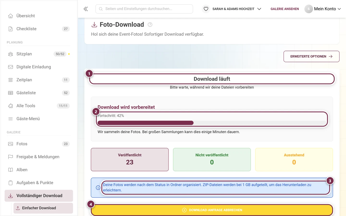 Fortschritts-Screen des Downloads mit Balken, Infozeile und Abbrechen-Knopf, alle markiert