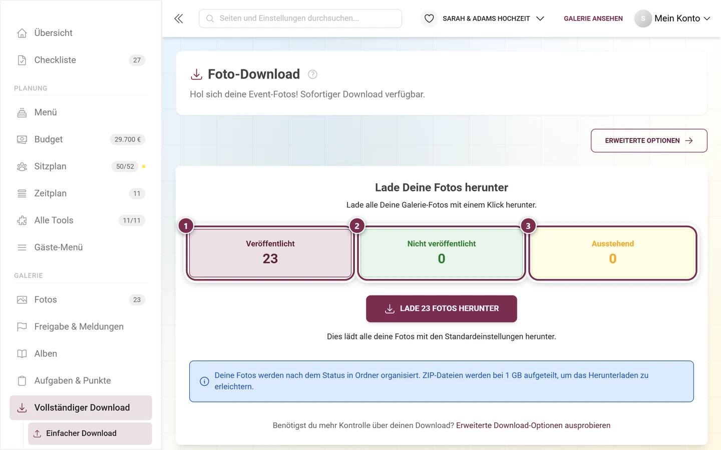 Die drei Statistik-Kacheln des einfachen Downloads, alle drei markiert