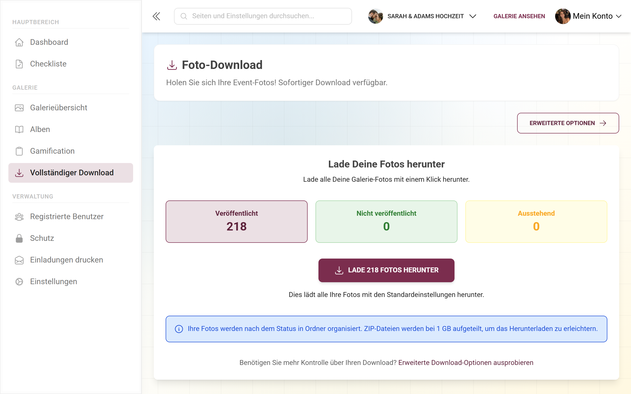 Download-Seite für das ZIP-Backup