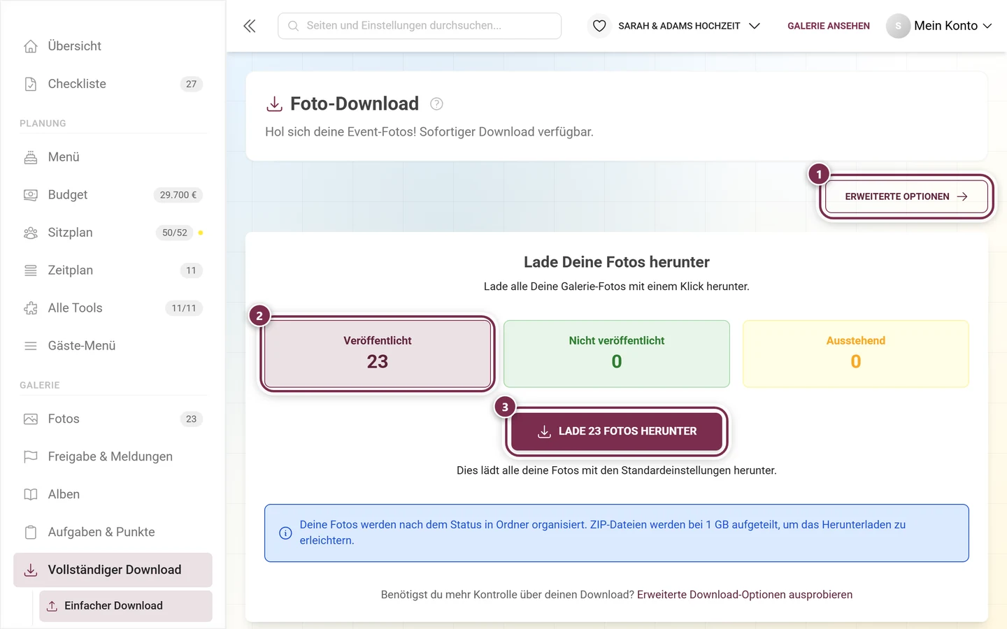 Download-Seite im Admin-Bereich, markiert sind der Knopf Erweiterte Optionen, die Kachel Veröffentlicht und der Download-Knopf