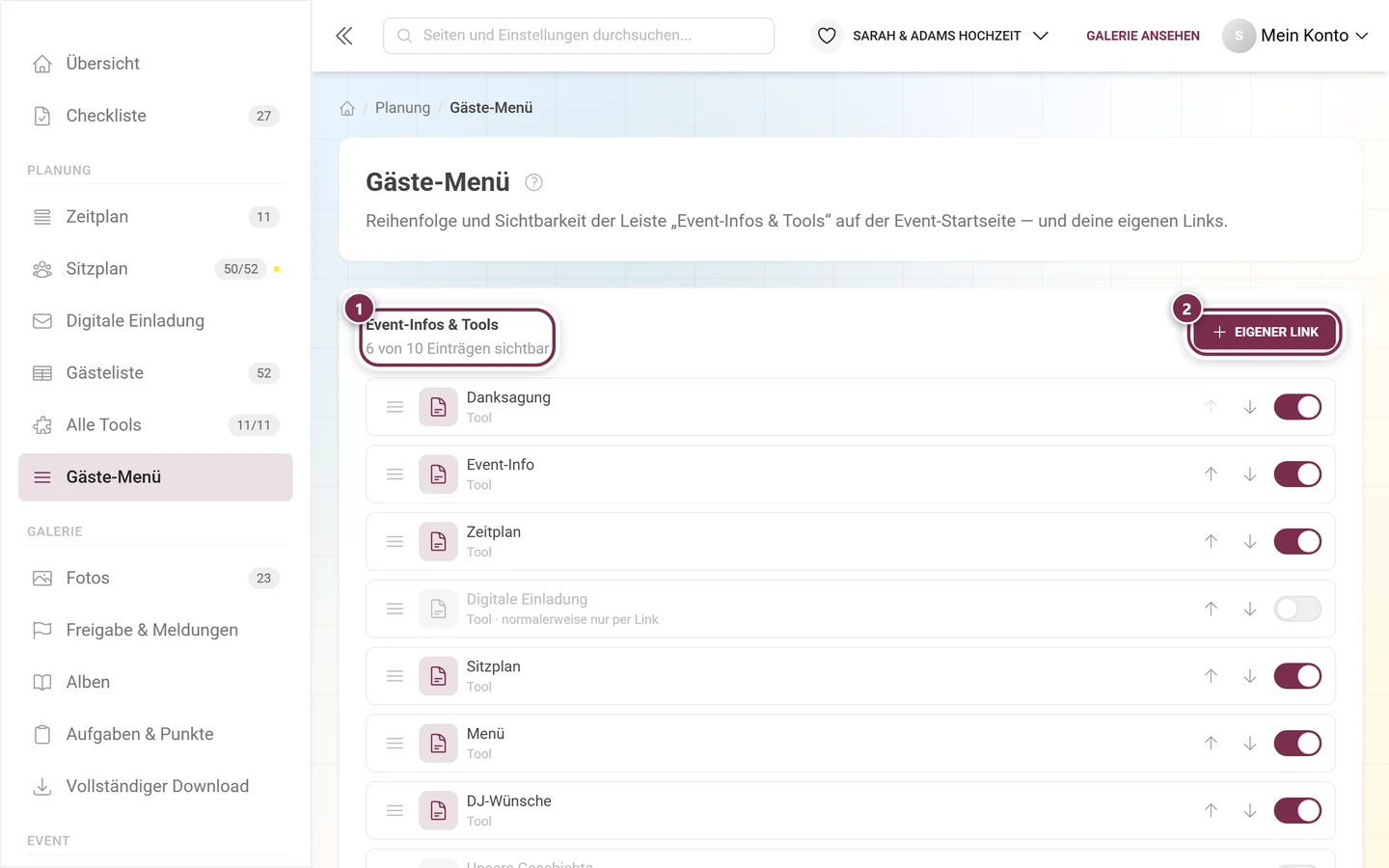 Editor für das Gäste-Menü mit Überschrift, Zähler, dem Knopf Eigener Link und der sortierbaren Liste