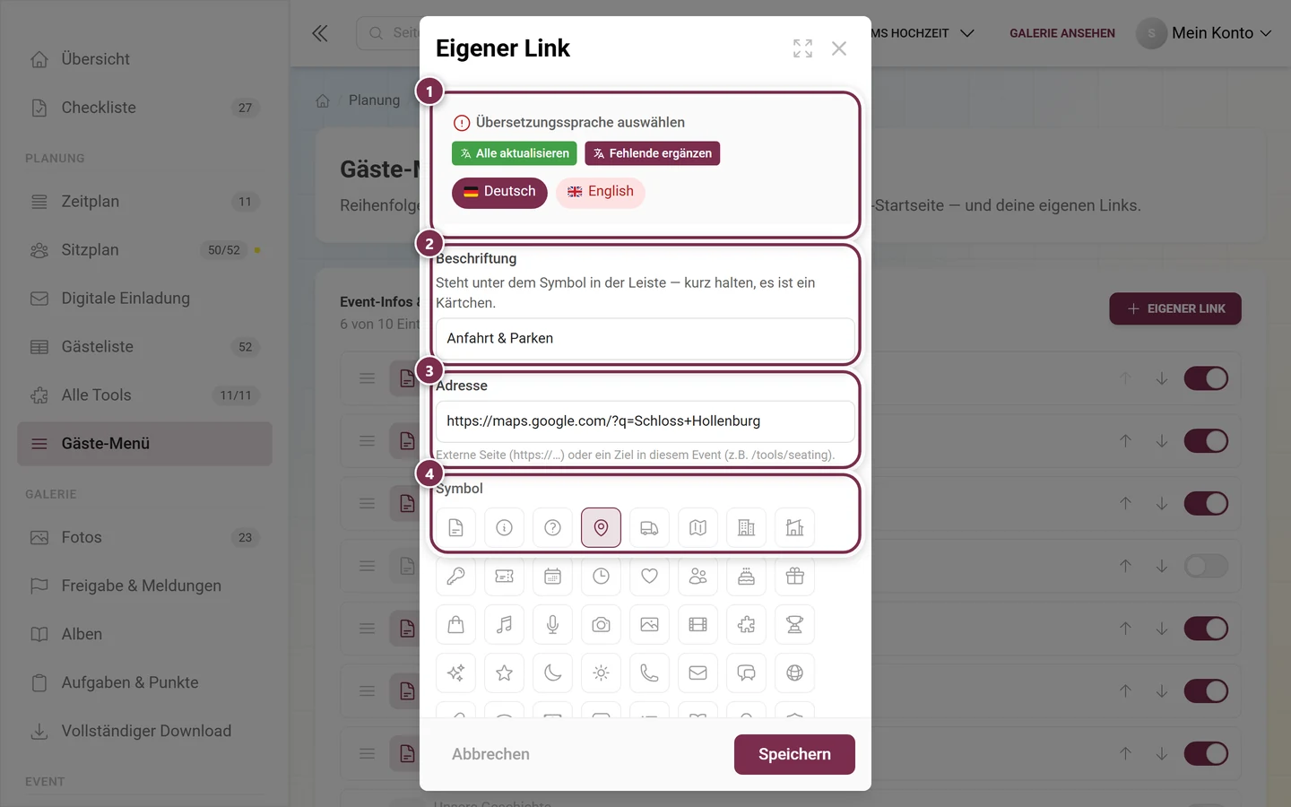 Dialog Eigener Link mit Übersetzungssprache, Beschriftung, Adresse und Symbolauswahl