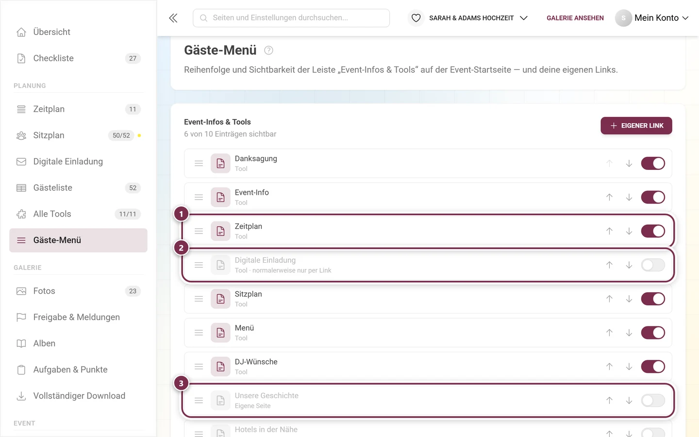 Drei Zeilen des Gäste-Menüs mit den Arten Tool, Tool nur per Link und Eigene Seite