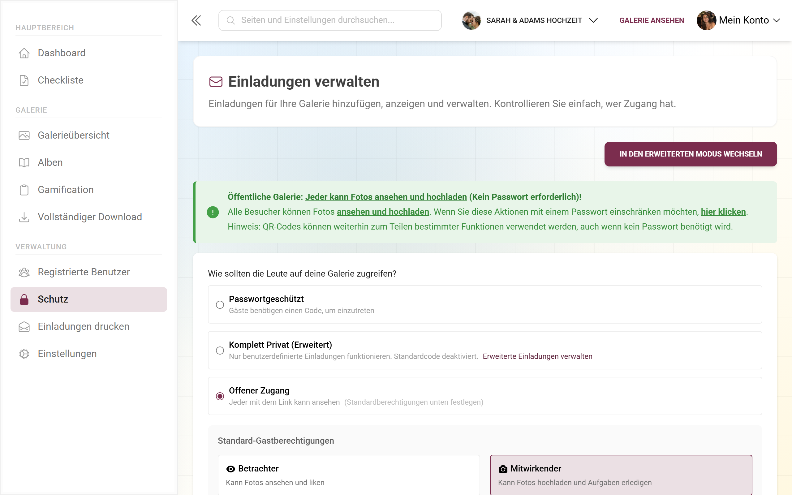 Seite „Manage Invitations“ im einfachen Modus mit Zugriffseinstellungen, Standard-Code und Teilen-Leiste