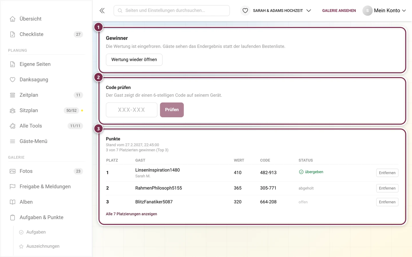 Gewinner-Seite mit dem Block Gewinner, dem Feld Code prüfen und der Wertungstabelle Punkte