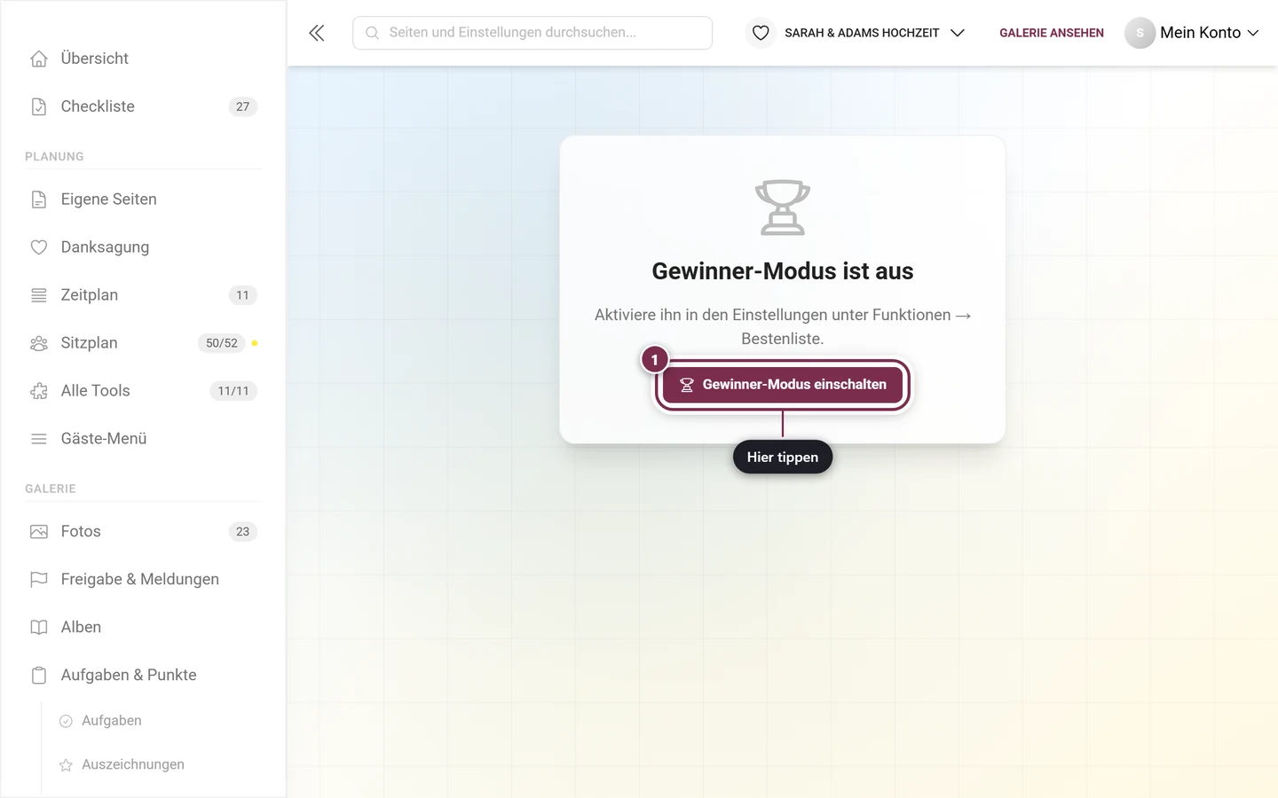 Hinweis Gewinner-Modus ist aus mit dem Knopf Gewinner-Modus einschalten
