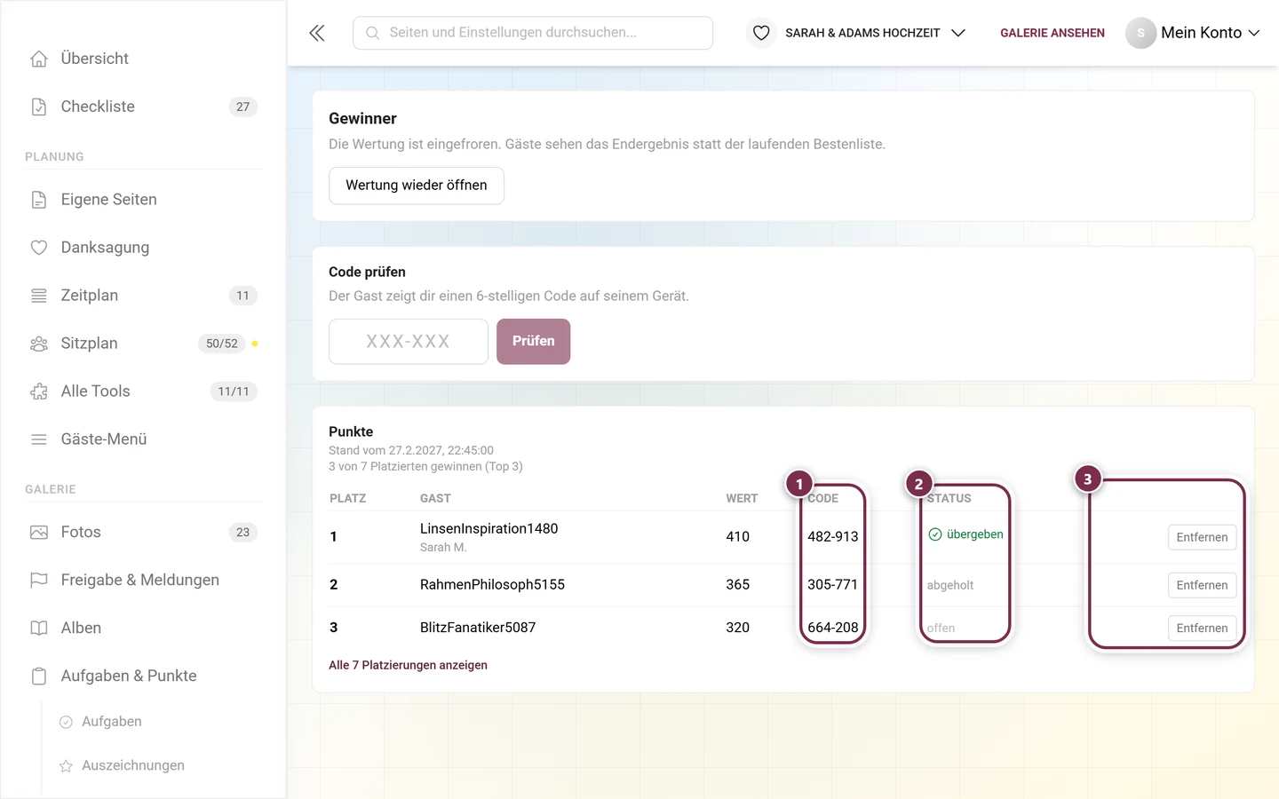 Die Wertungstabelle mit den hervorgehobenen Spalten Code, Status und der Aktionsspalte