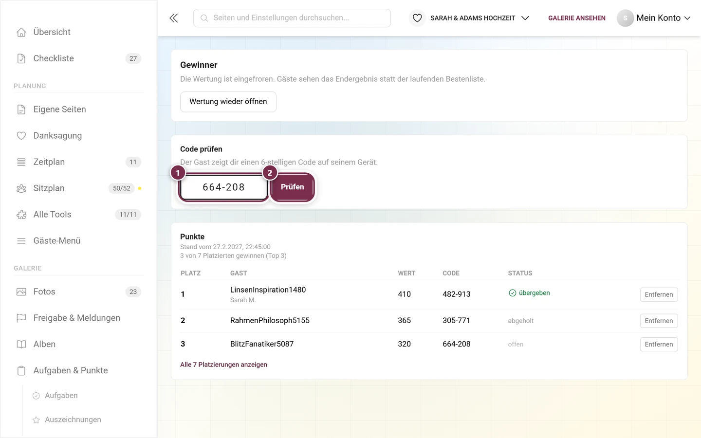 Das Feld Code prüfen mit dem eingetippten Code und dem Knopf Prüfen