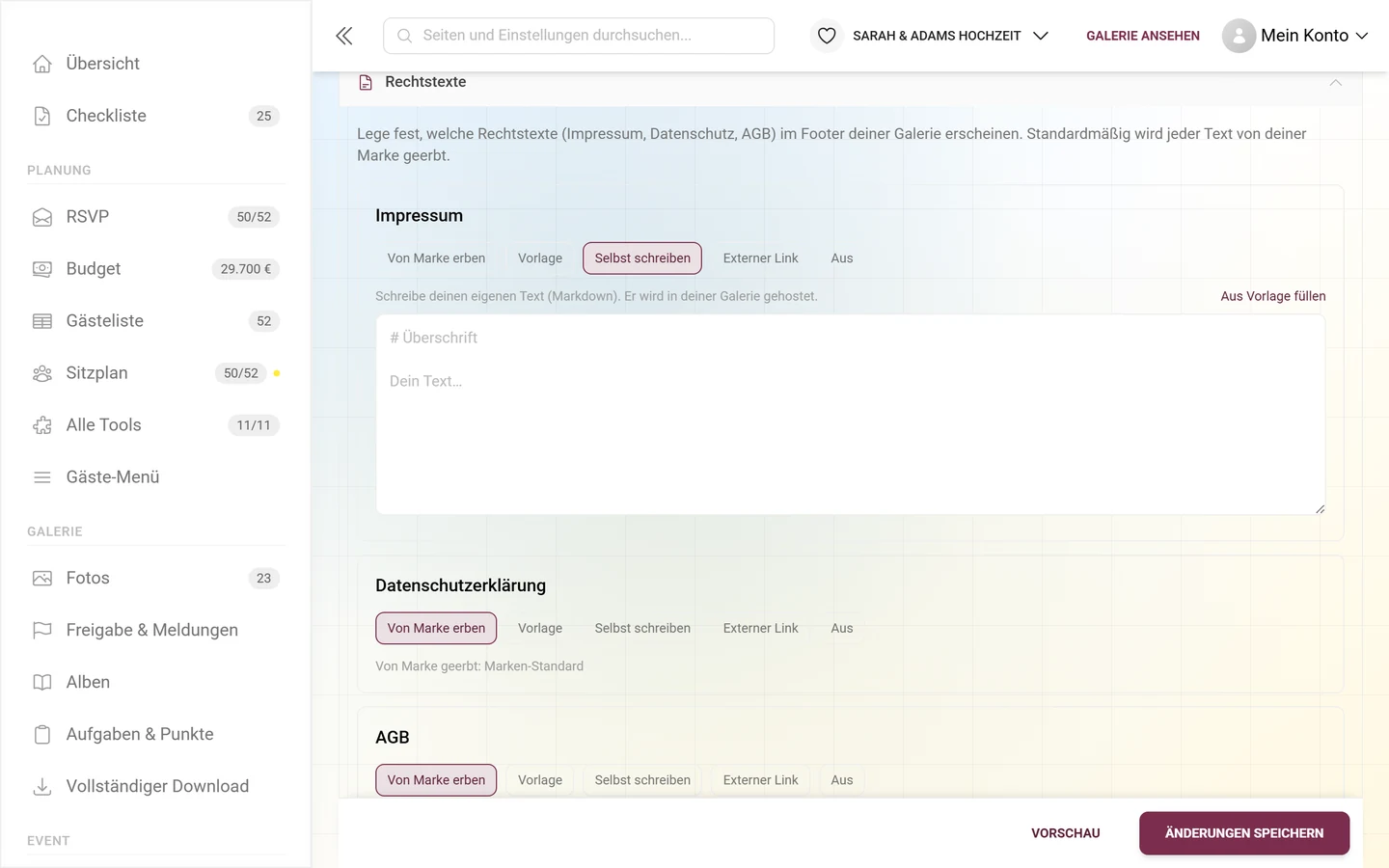 Impressum-Karte im Modus Selbst schreiben mit großem Markdown-Textfeld