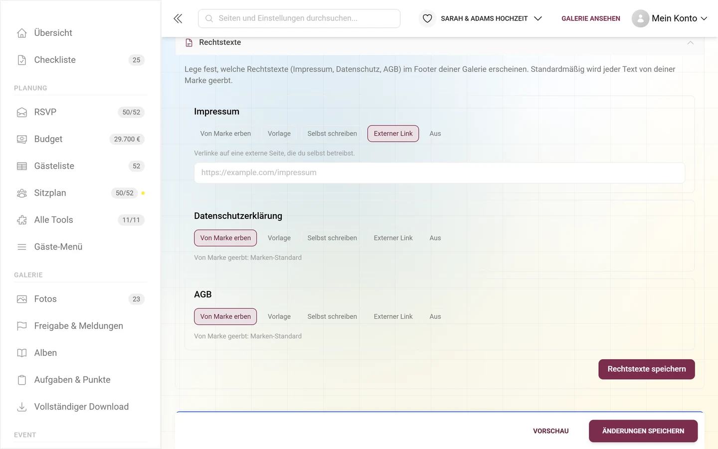 Impressum-Karte im Modus Externer Link mit dem URL-Feld