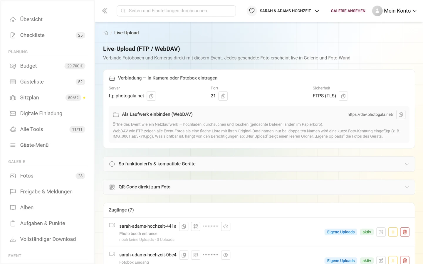 Live-Upload-Seite mit Verbindungskarte und Zugangsliste