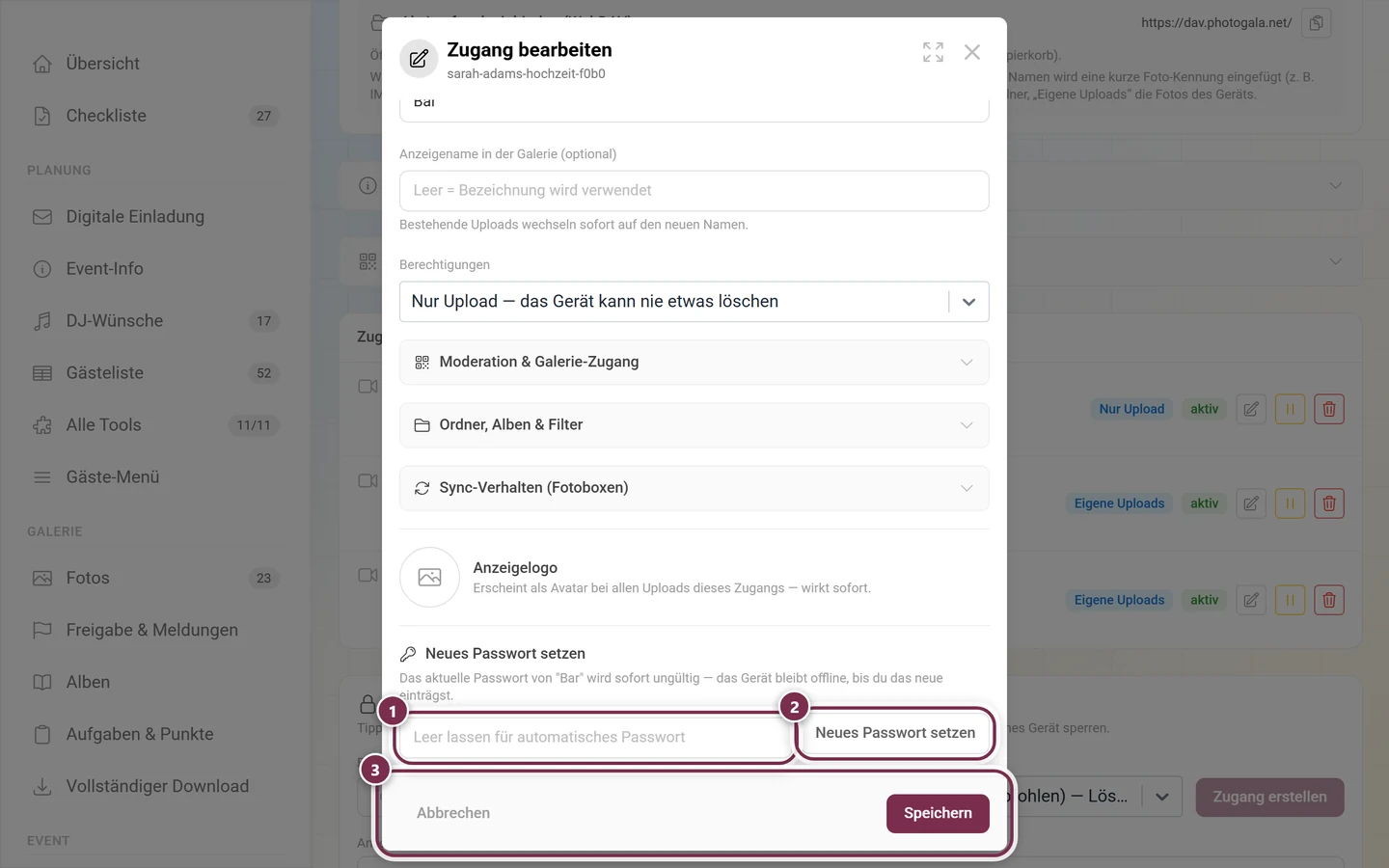 Bearbeiten-Dialog zum Abschnitt Neues Passwort setzen gescrollt, mit markiertem Passwortfeld, Knopf und Fußleiste