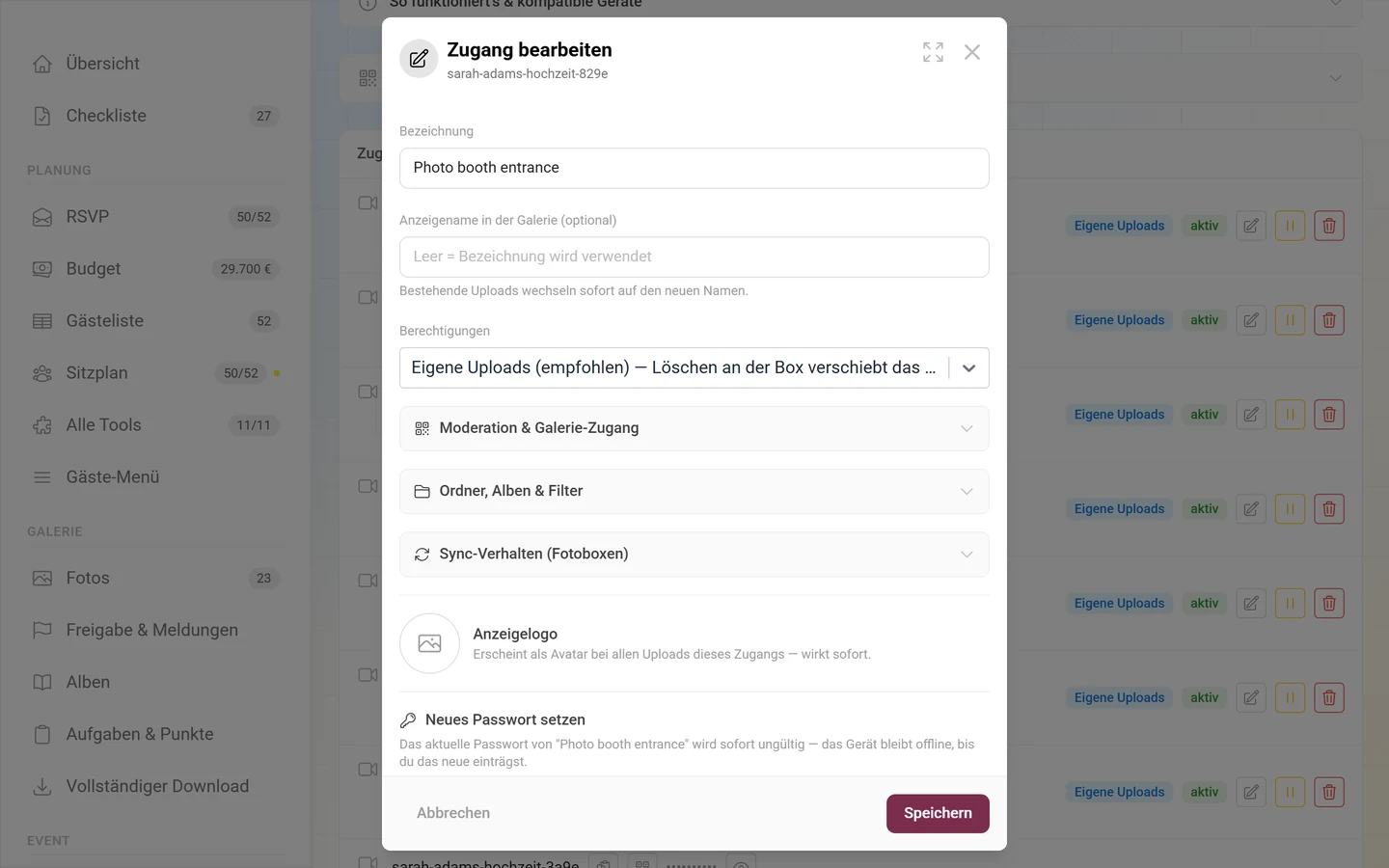 Dialog Zugang bearbeiten mit Bezeichnung, Anzeigename, Berechtigungen, den drei Options-Gruppen, Anzeigelogo und dem Abschnitt Neues Passwort setzen