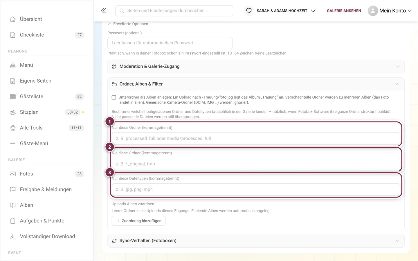 Aufgeklappte Gruppe Ordner, Alben und Filter mit den drei markierten Filterfeldern