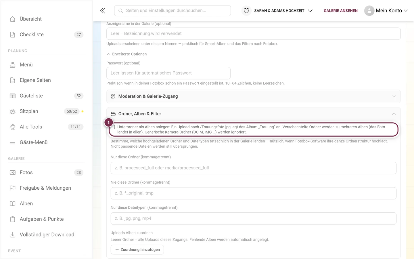 Häkchen Unterordner als Alben anlegen ganz oben in der Gruppe Ordner, Alben und Filter