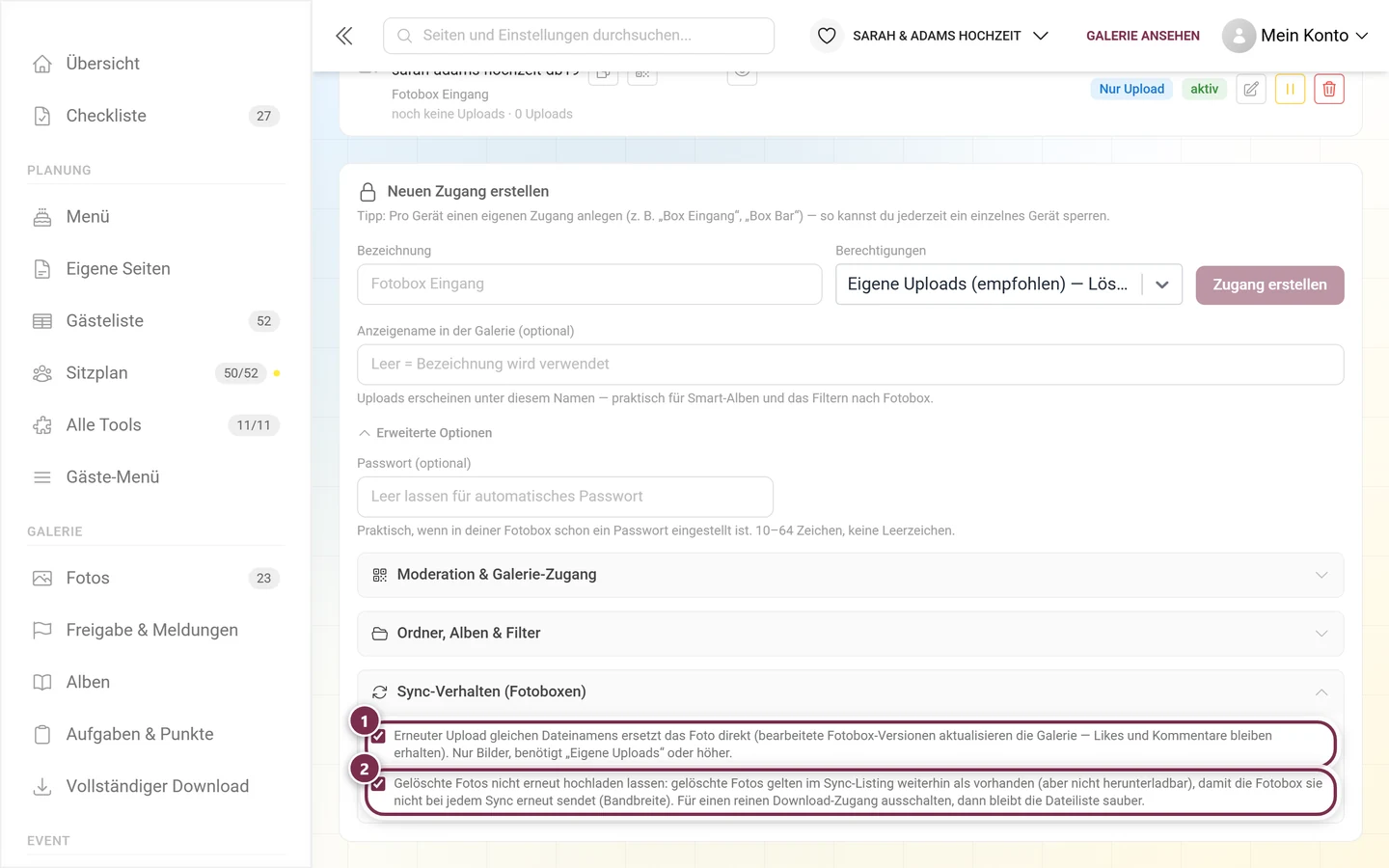 Aufgeklappte Gruppe Sync-Verhalten mit den beiden markierten Häkchen