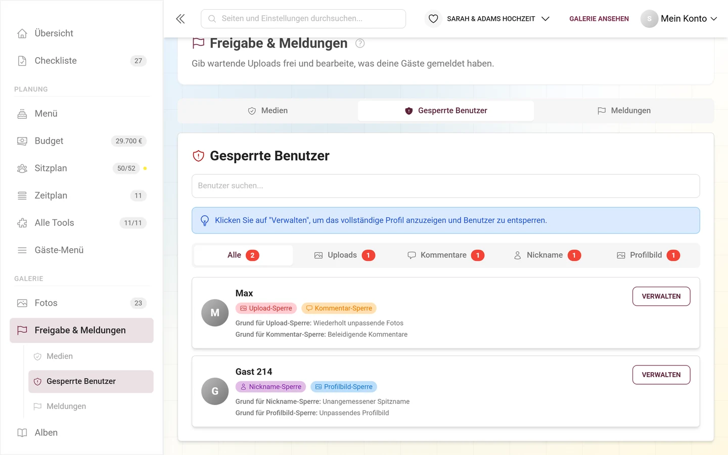 Reiter Gesperrte Benutzer mit Unter-Reitern und den gesperrten Personen samt Sperr-Badges
