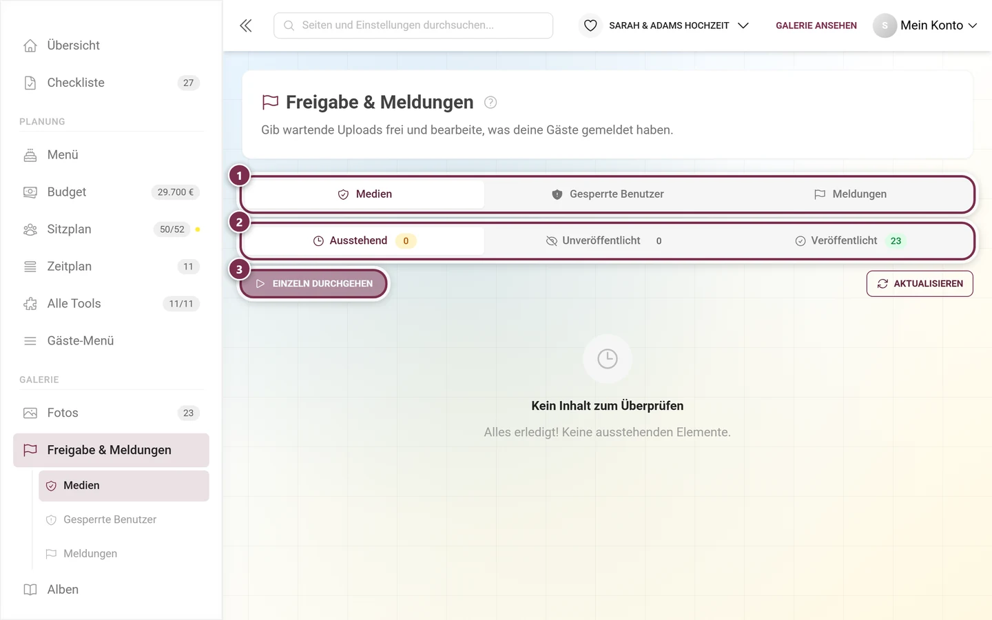 Seite Freigabe und Meldungen im Admin-Bereich mit den Reitern Medien, Gesperrte Benutzer und Meldungen