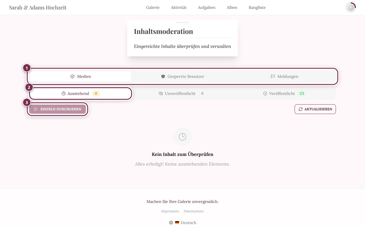 Moderationsseite ohne Admin-Rahmen mit markierter Reiterleiste, Statusfilter und Prüfmodus