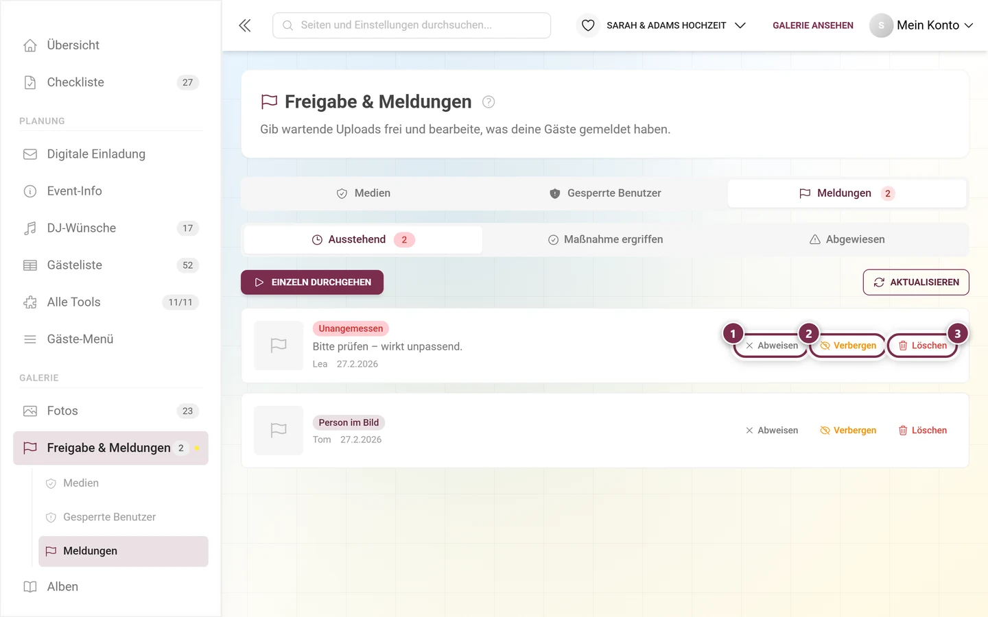 Zeile einer offenen Meldung mit den drei Knöpfen Abweisen, Verbergen und Löschen