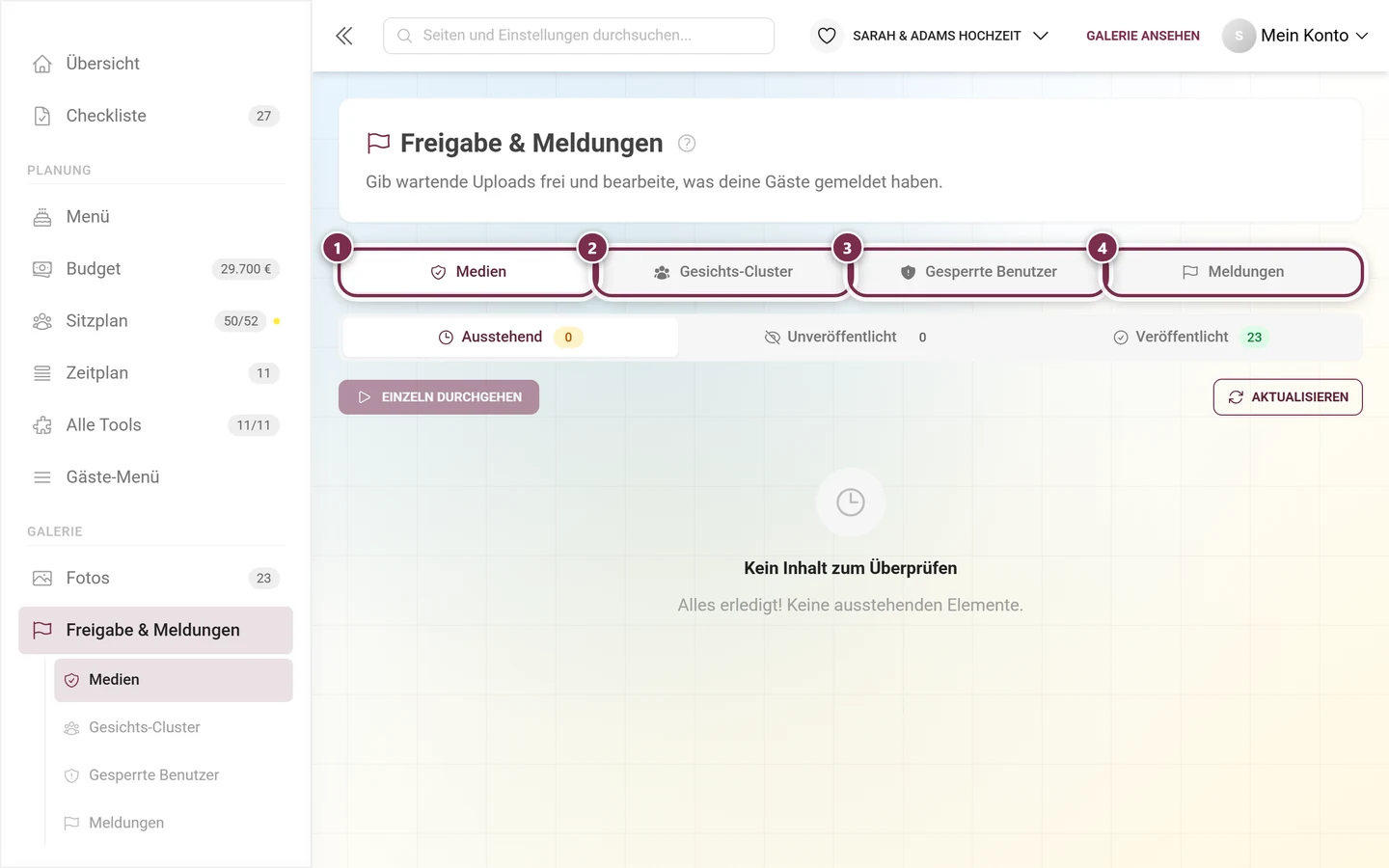 Reiterleiste der Moderationsseite mit den vier markierten Reitern