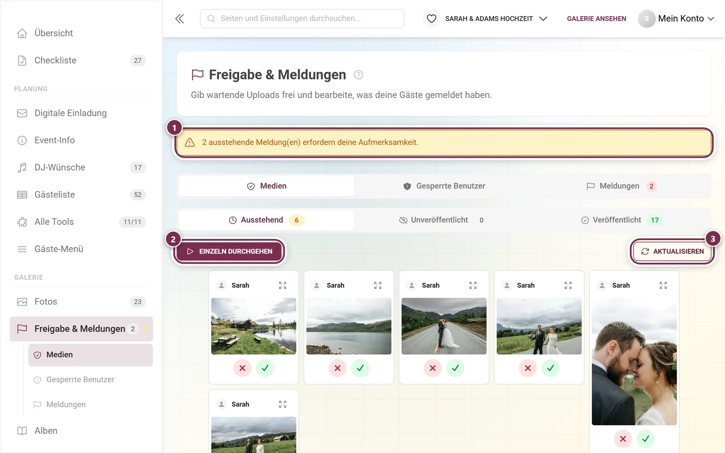 Kopf der Moderationsseite mit gelbem Warnbanner, Reiterzeile, Statusreitern und der Werkzeugleiste