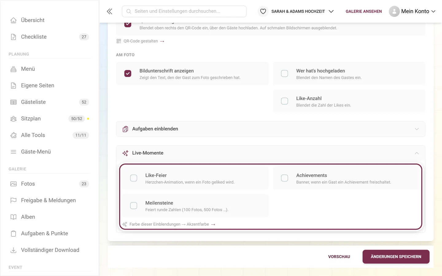 Aufgeklappter Abschnitt Live-Momente mit den Schaltern Like-Feier, Achievements und Meilensteine